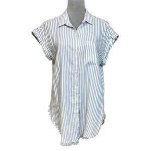 Aerie Y2k Women’s Tunic Shirt M Blue Striped Button Front Fringe Hem Beachy